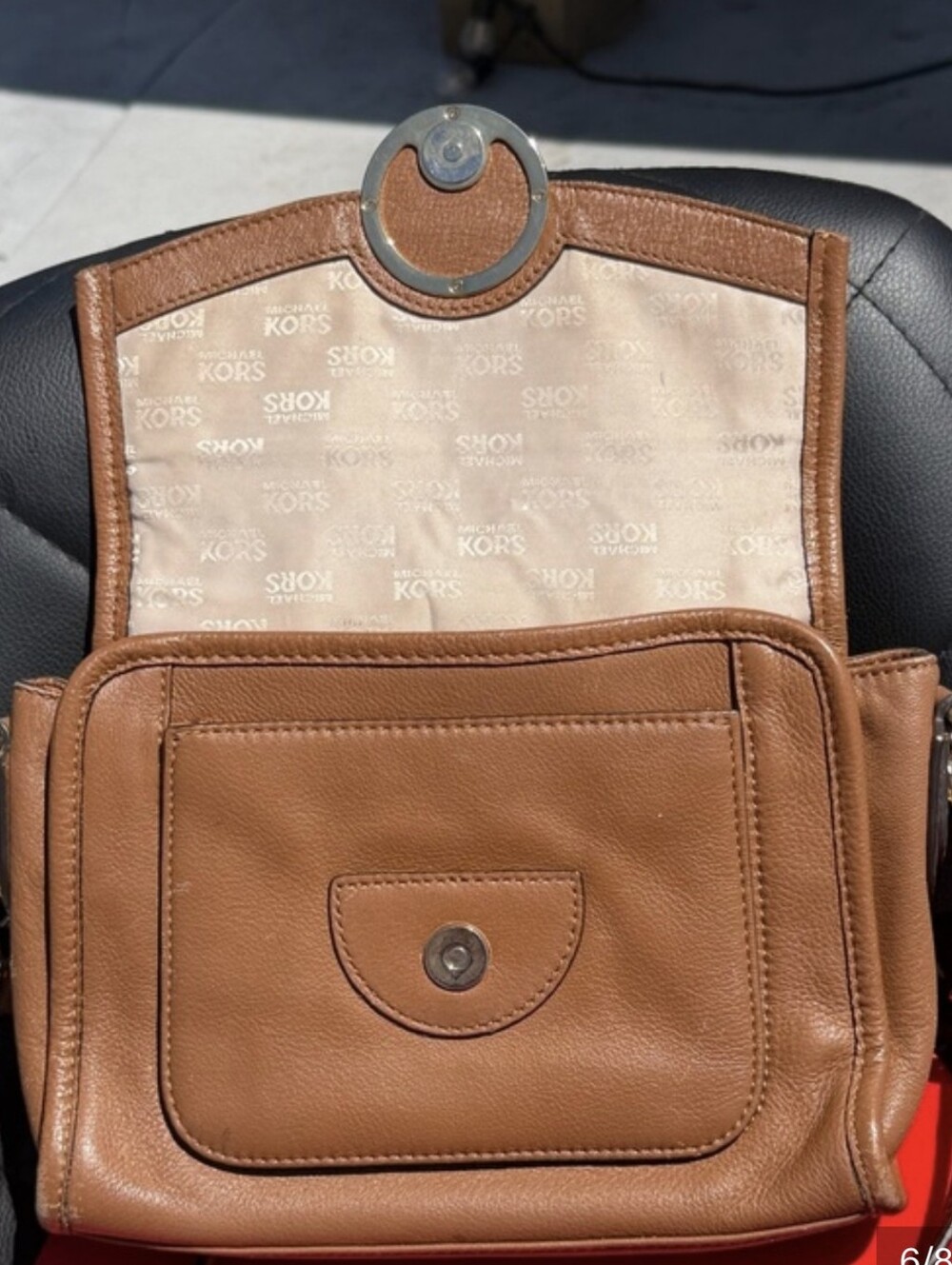 Michael Kors Tan Leather Crossbody with Gold MK Emblem - Picture 6 of 8